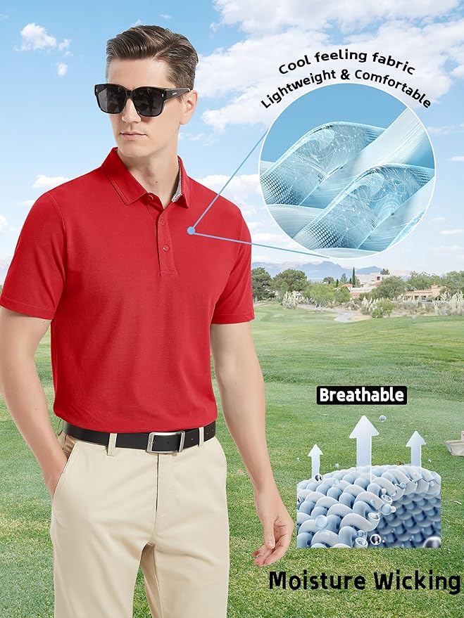 MAGCOMSEN Men's Polo Shirts Short Sleeve Cotton Pique 3 Button Classic Fit Casual T-Shirt Performance Golf Shirts