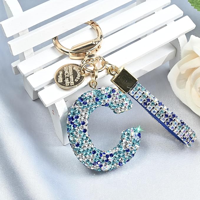 Pink Blue White Initial Letter Keychain Gift for Women Girls Bling Sparkly Cute Backpack Car Key Accessories Lanyard