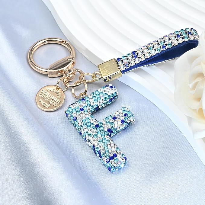Pink Blue White Initial Letter Keychain Gift for Women Girls Bling Sparkly Cute Backpack Car Key Accessories Lanyard
