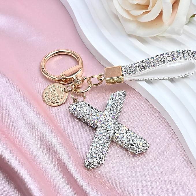 Pink Blue White Initial Letter Keychain Gift for Women Girls Bling Sparkly Cute Backpack Car Key Accessories Lanyard