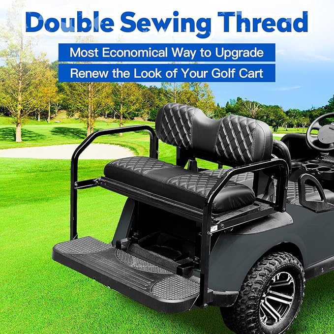 NOKINS 4PCS Golf Cart Seat Covers Kit, Front and Rear Seat Covers Fits YAMAHA/G29/Drive2 Standard Seat Cushion, Yamaha Vinyl Diamond Replacement Seat Covers, No Stapler(Black&Black Stitch)