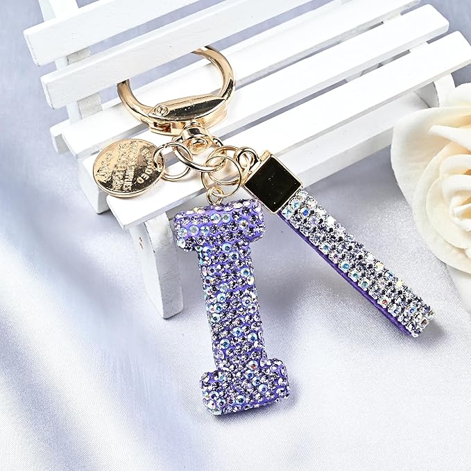 Pink Blue White Initial Letter Keychain Gift for Women Girls Bling Sparkly Cute Backpack Car Key Accessories Lanyard