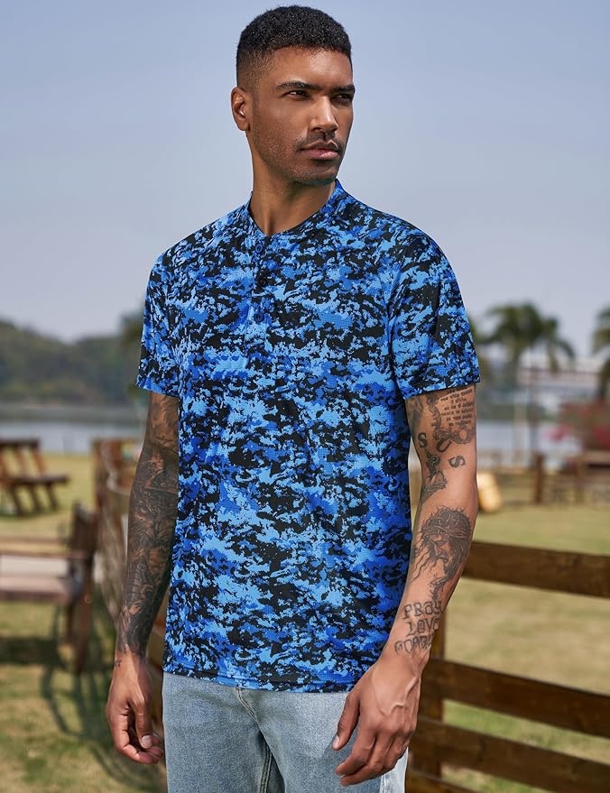 TAPULCO Mens Collarless Golf Shirts Short Sleeve Dry Fit Stretch Casual Breathable Lightweight Tshirts