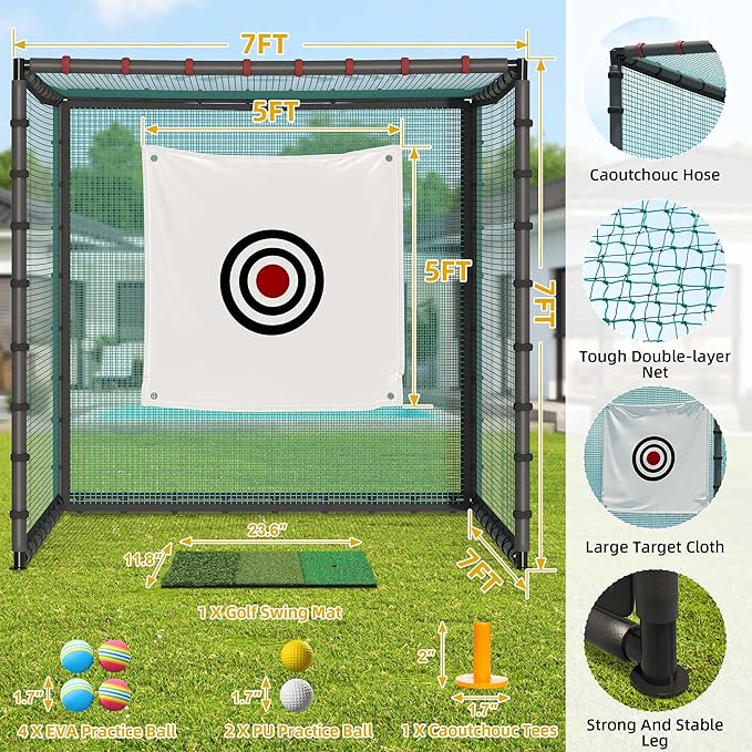 Golf Cage with Steel Freame, 7x7x7ft Golf Net with Rubber Hose, Noise Reduction for Backyard Indoor Outdoor Lawn Practice(Includes 1 Hitting Mat 6 PU Balls 1 Tee)