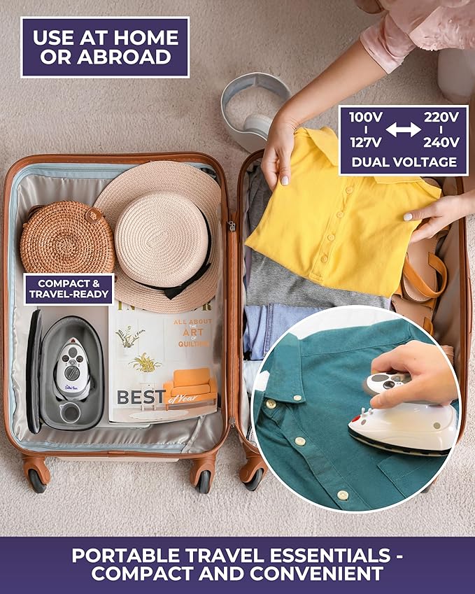 The Quilted Bear Mini Iron, Rest & Ironing Mat - Lightweight Mini Steam Iron with Hard Shell Travel Case, Rest & Ironing Mat - Travel Essentials for Wrinkle Free Clothes & Effortless Quilting (Black)