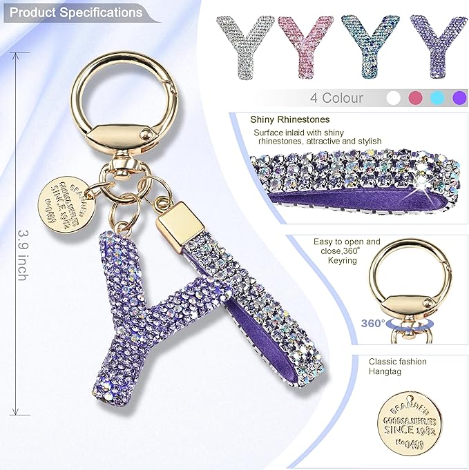 Pink Blue White Initial Letter Keychain Gift for Women Girls Bling Sparkly Cute Backpack Car Key Accessories Lanyard