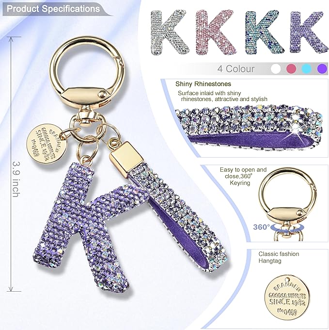 Pink Blue White Initial Letter Keychain Gift for Women Girls Bling Sparkly Cute Backpack Car Key Accessories Lanyard
