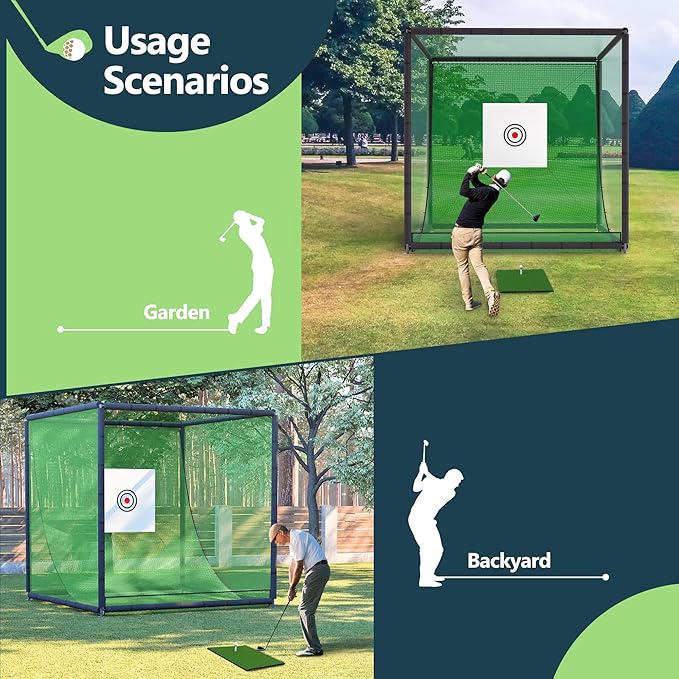 Golf Net Cage, 10X10X10FT Metal Frame Golf Simulators for Home and Backyard, Indoor & Outdoor Hitting Net, Black