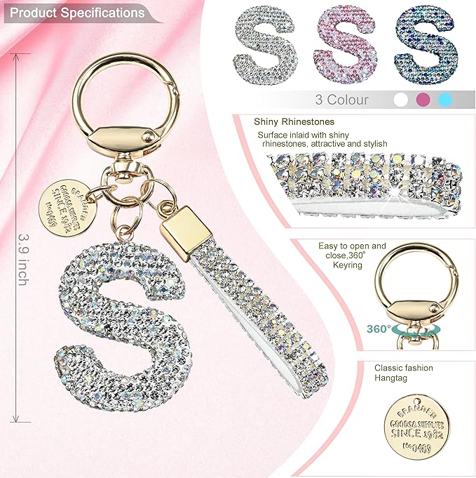 Pink Blue White Initial Letter Keychain Gift for Women Girls Bling Sparkly Cute Backpack Car Key Accessories Lanyard