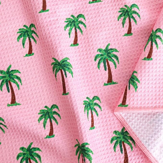 Microfiber Golf Towels for Golf Bags & Carts - Premium Weave Waffle & Ball Towels with Carabiner Clip, Essential Accessories for Men, Women, and Kids, Golfer Gifts, Set of 2 (Palm Trees)