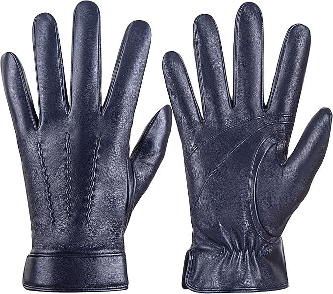 Genuine Sheepskin Leather Gloves for Men, Soft Cashmere Winter Warm Touch Screen Gloves Motorcycle Driving Gloves