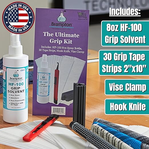 Brampton Ultimate Grip Kit for GolF Club Regripping - 30 Premium 2"x10" Golf Grip Tape Strips, Hook Knife, Rubber Vise Clamp, & 8 oz HF-100 Non-Toxic, Non-Flammable, Odorless Golf Club Grip Solvent