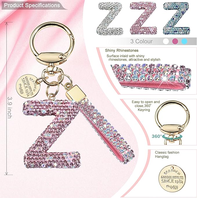Pink Blue White Initial Letter Keychain Gift for Women Girls Bling Sparkly Cute Backpack Car Key Accessories Lanyard
