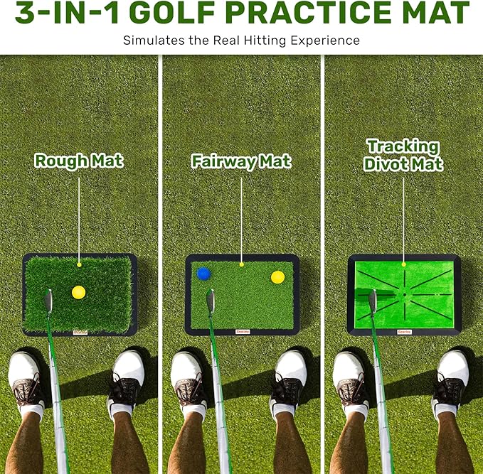 Golf Hitting Mat with Instant Swing Path Feedback & 3 Replaceable Golf Practice Mats Non-Slip Heavy-Duty Rubber Base for Indoor/Outdoor Driving Chipping & Putting Accuracy Training