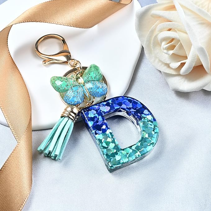 JINGUAZI Initial letter Keychains for Women Tassel Butterfly Pink Purple Cute Car Keychain for Wallet Backpack bag charm