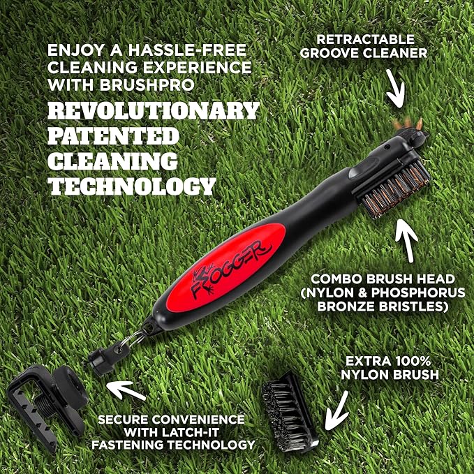Frogger BrushPro Latch-It Golf Club Cleaner, Ergonomic Grip and Latch-it Magnet - Professional Golf Club Brush and Groove Cleaner for Golfers