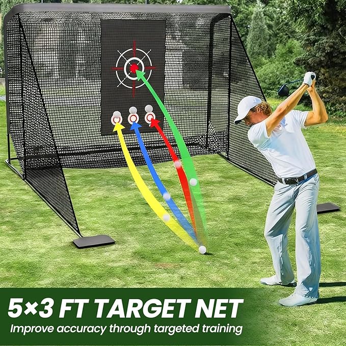 Golf Cage Practice Hitting Net, 10x7ft Heavy Duty Golfnets with 2 Net Side Barriers, Portable Hitting Nets with Carry Bag, 4 Stakes, Low-Noise Target for Backyard Driving Chipping Indoor Outdoor Use