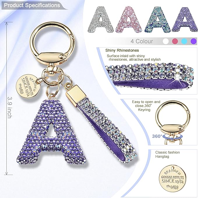 Pink Blue White Initial Letter Keychain Gift for Women Girls Bling Sparkly Cute Backpack Car Key Accessories Lanyard