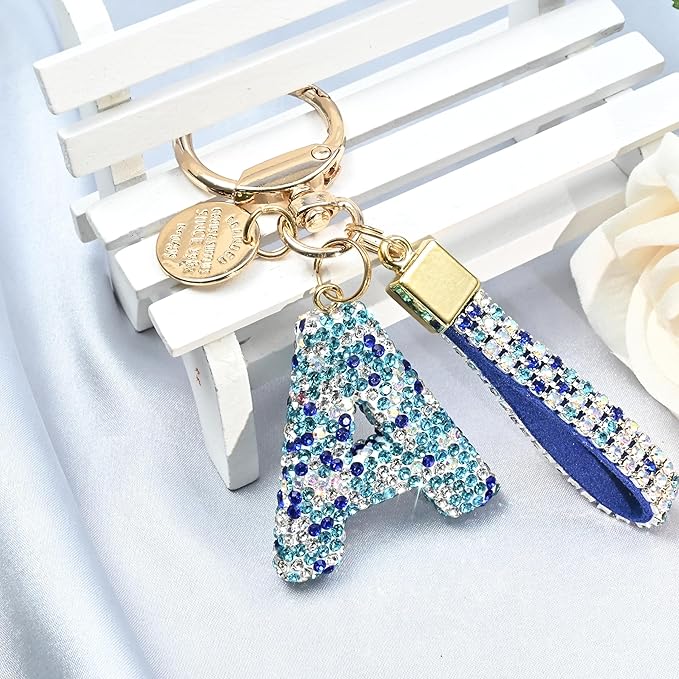 Pink Blue White Initial Letter Keychain Gift for Women Girls Bling Sparkly Cute Backpack Car Key Accessories Lanyard