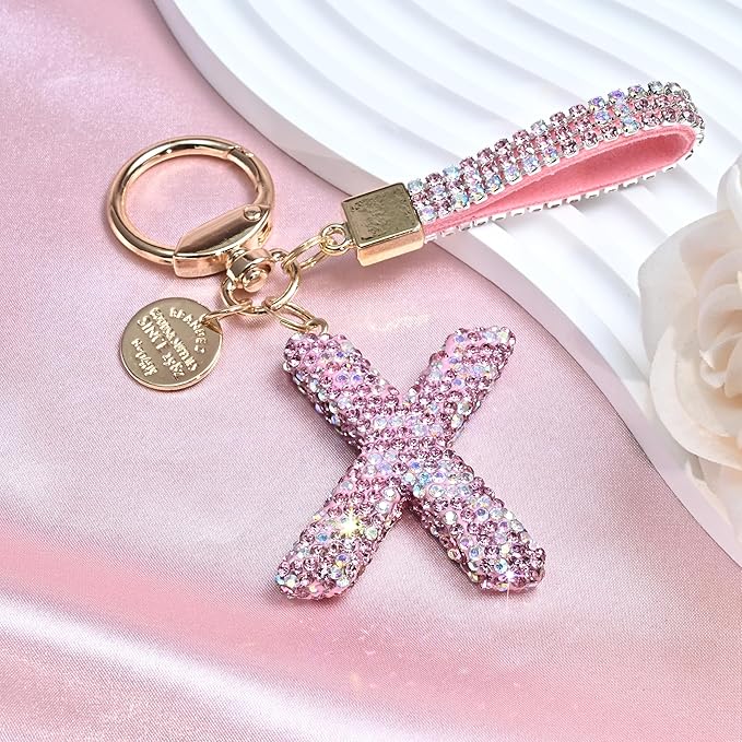 Pink Blue White Initial Letter Keychain Gift for Women Girls Bling Sparkly Cute Backpack Car Key Accessories Lanyard
