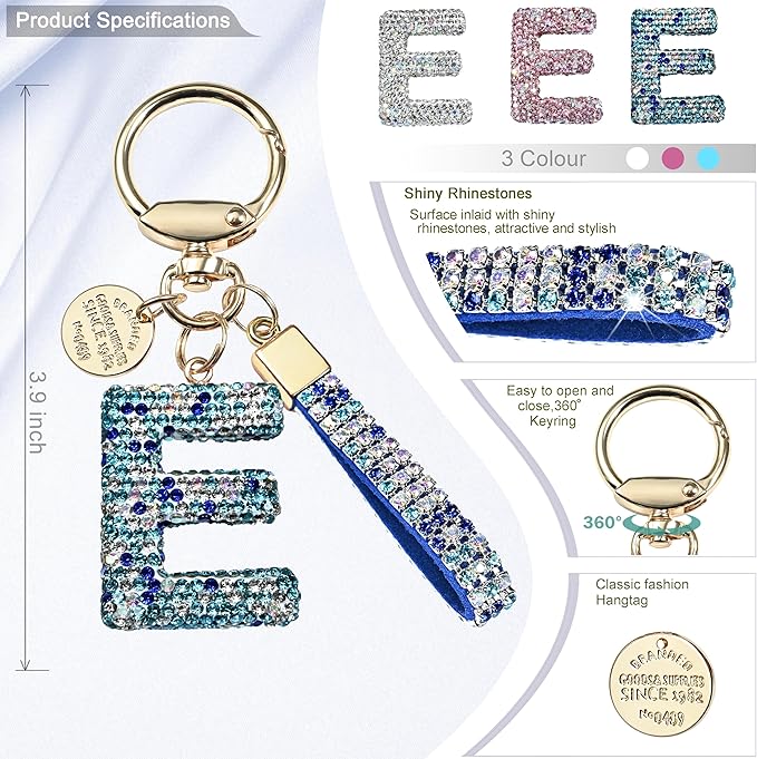 Pink Blue White Initial Letter Keychain Gift for Women Girls Bling Sparkly Cute Backpack Car Key Accessories Lanyard