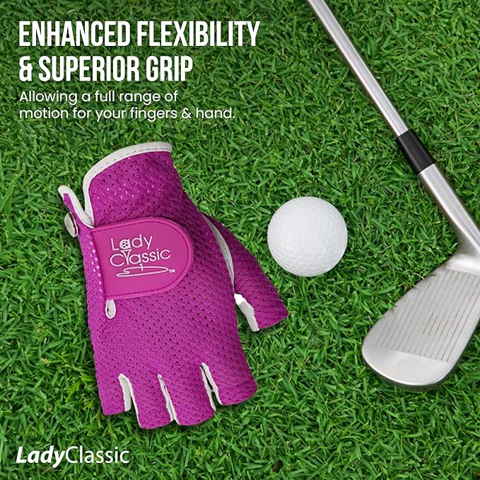 Mesh Half Golf Glove for Women – Premium Cabretta Leather Palm, Breathable Mesh Back, Half-Finger Design Ladies Golf Glove for Enhanced Grip & Comfort