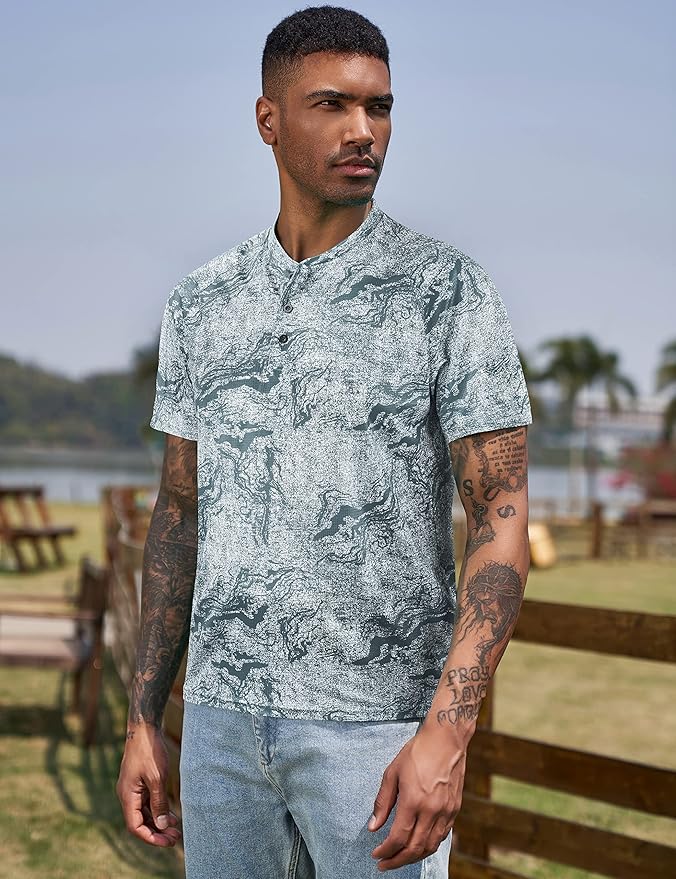 TAPULCO Mens Collarless Golf Shirts Short Sleeve Dry Fit Stretch Casual Breathable Lightweight Tshirts