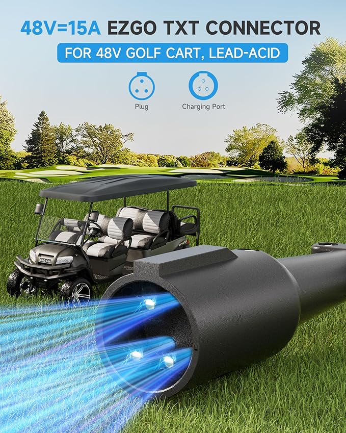 Club Car Charger, 48V 15A Golf Cart Charger, Golf Cart Battery Charger with 3-Pin Round Plug, 4-6H Fast Full Charge Trickle Charge, Lead Acid Battery Charger - IP67 Waterproof with Fan Design