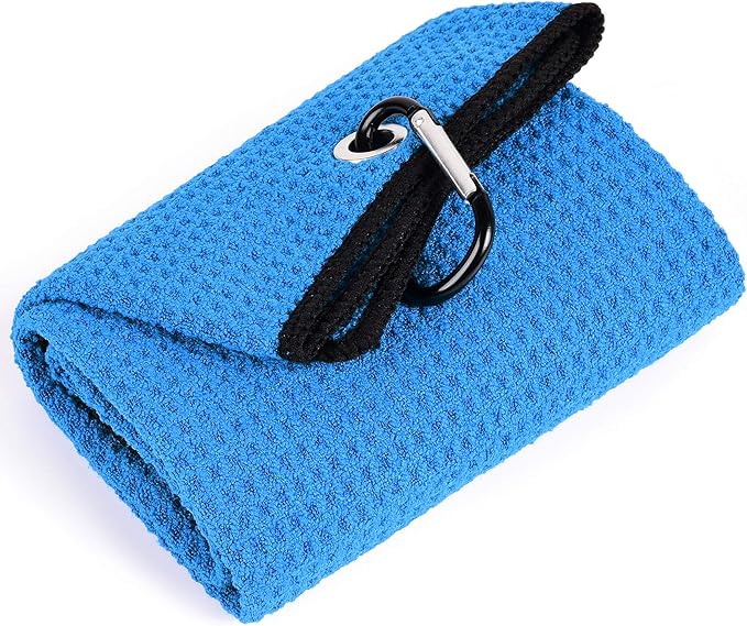 Mile High Life Tri-fold Golf Towel | 16" X 24" | Premium Microfiber Fabric | Waffle Pattern | with Heavy Duty Carabiner Clip | for Men and Women (Blue)