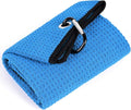 Mile High Life Tri-fold Golf Towel | 16" X 24" | Premium Microfiber Fabric | Waffle Pattern | with Heavy Duty Carabiner Clip | for Men and Women (Blue)