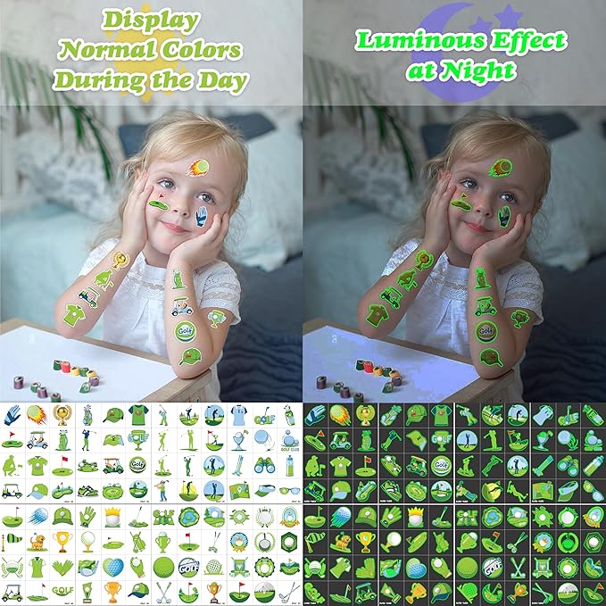 96 PCS Golf Sport Pre-Cut Luminous Glow in The Dark Temporary Tattoos | Super Cute Themed Birthday Party Favors, Supplies, Decorations, Green Sport Fake Tattoo Stickers Gifts for Boys Girls