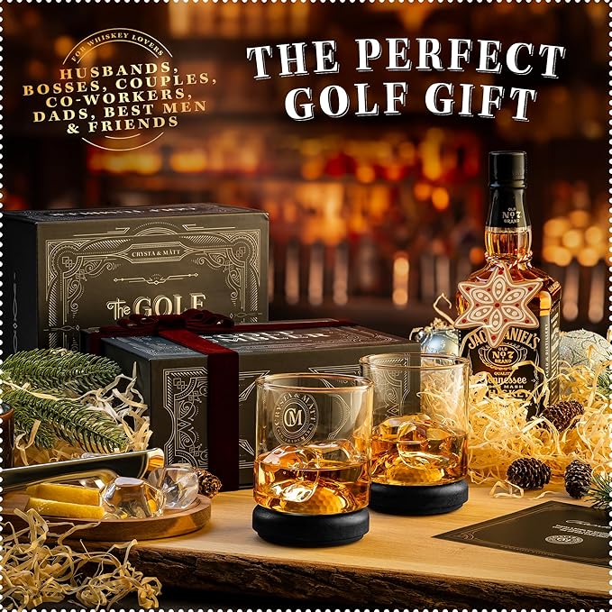 Golf Whiskey Glass Set | Golf Ball Shot Glasses | 12 oz Whiskey Glasses | Gifts for Golfers | Cool Stuff for Golfers | Birthday Gifts for Men and Women | Uncle Gift | Whiskey Presents for Golfer