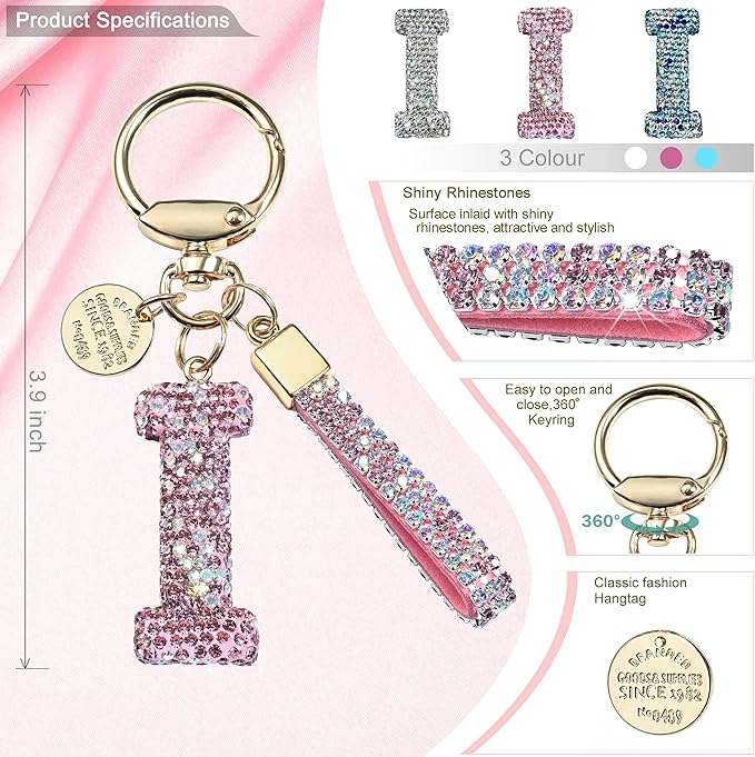 Pink Blue White Initial Letter Keychain Gift for Women Girls Bling Sparkly Cute Backpack Car Key Accessories Lanyard