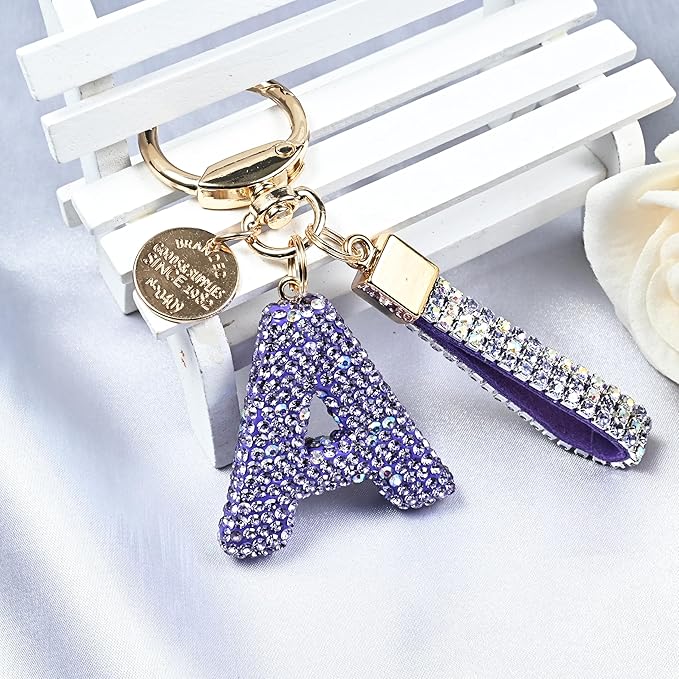 Pink Blue White Initial Letter Keychain Gift for Women Girls Bling Sparkly Cute Backpack Car Key Accessories Lanyard