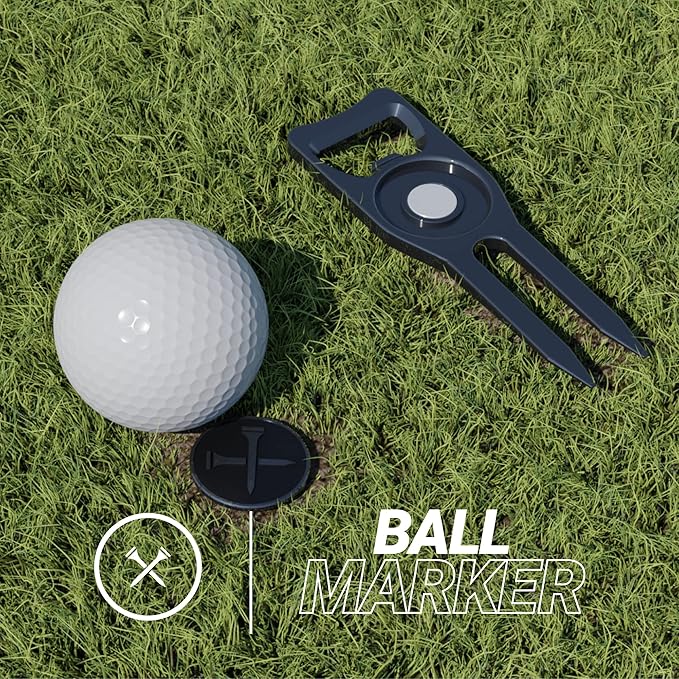 Blue Tees Golf 6-in-1 Premium Divot Tool & Ball Marker - Bottle Opener - Club Tee - Groove Cleaner - Putting Alignment - Designed to Be the Ultimate Tool for the Green - Black