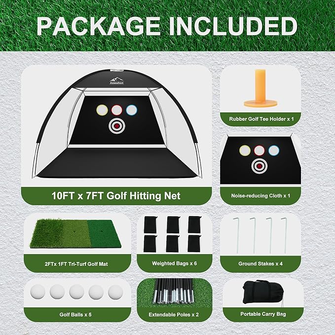 Golf Net, 10x7 Ft Golf Hitting Net with Tri-Turf Mat, Multi-Target Golf Practice Net for Outdoor/Indoor Chipping & Driving, Ideal Gift for Men/Dad/Husband/Golfers
