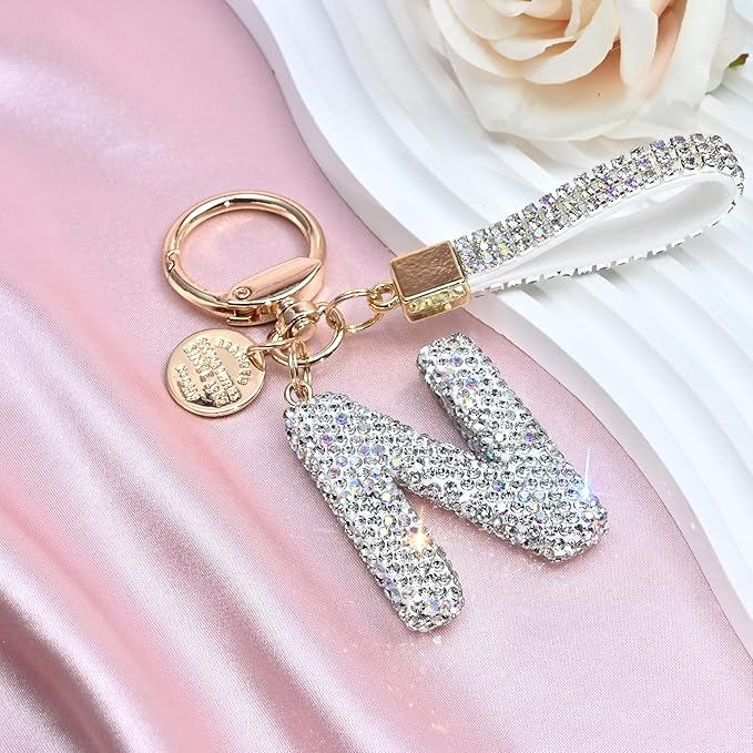 Pink Blue White Initial Letter Keychain Gift for Women Girls Bling Sparkly Cute Backpack Car Key Accessories Lanyard