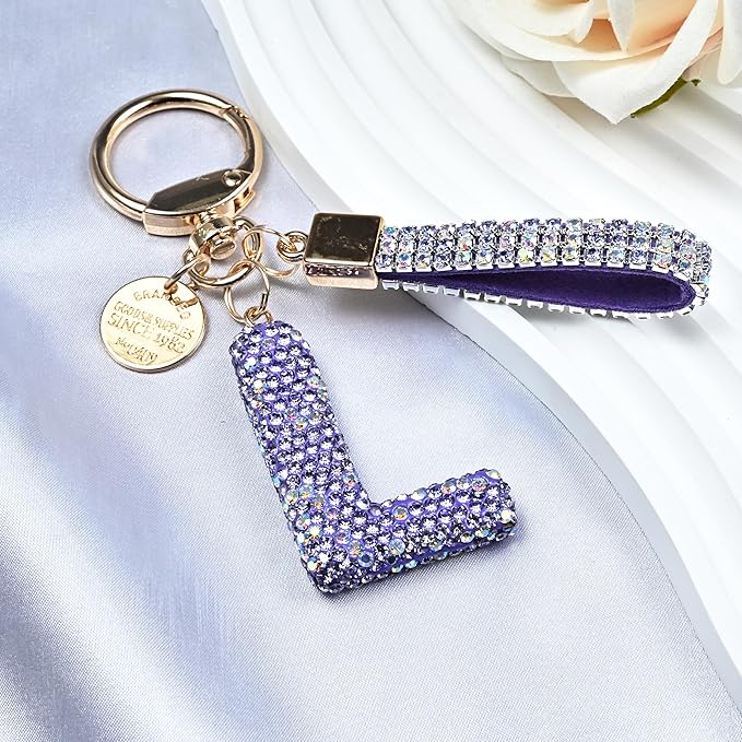 Pink Blue White Initial Letter Keychain Gift for Women Girls Bling Sparkly Cute Backpack Car Key Accessories Lanyard