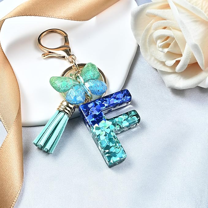 JINGUAZI Initial letter Keychains for Women Tassel Butterfly Pink Purple Cute Car Keychain for Wallet Backpack bag charm