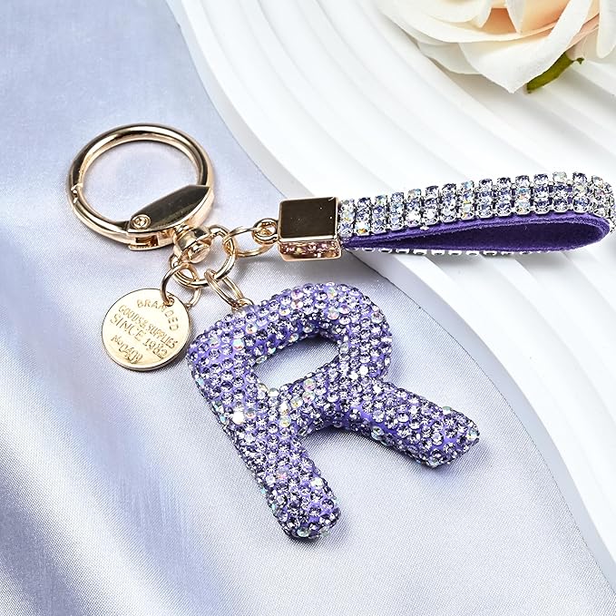 Pink Blue White Initial Letter Keychain Gift for Women Girls Bling Sparkly Cute Backpack Car Key Accessories Lanyard
