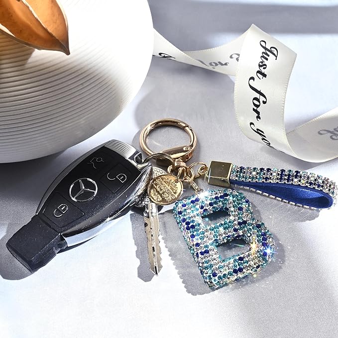 Pink Blue White Initial Letter Keychain Gift for Women Girls Bling Sparkly Cute Backpack Car Key Accessories Lanyard
