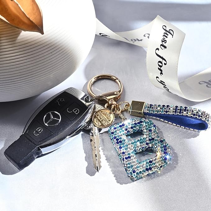 Pink Blue White Initial Letter Keychain Gift for Women Girls Bling Sparkly Cute Backpack Car Key Accessories Lanyard