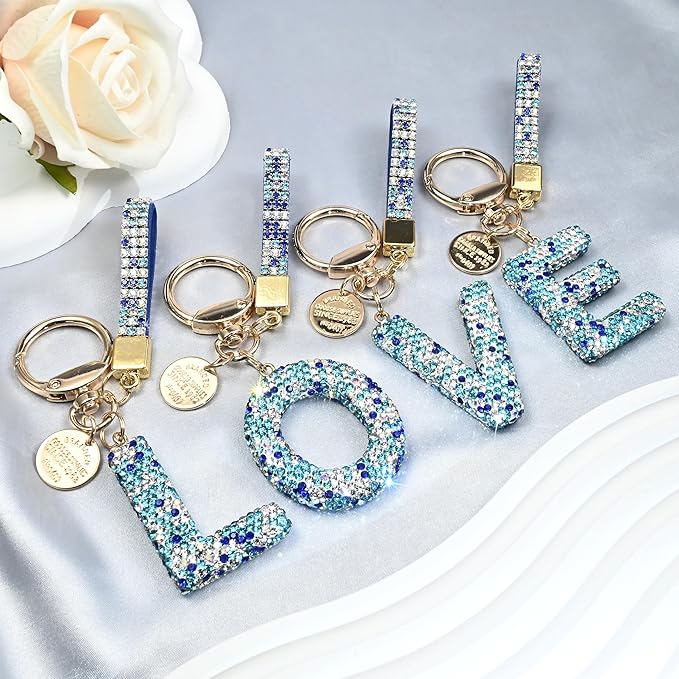 Pink Blue White Initial Letter Keychain Gift for Women Girls Bling Sparkly Cute Backpack Car Key Accessories Lanyard