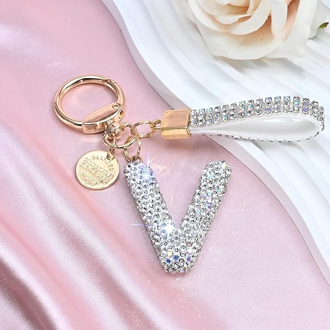 Pink Blue White Initial Letter Keychain Gift for Women Girls Bling Sparkly Cute Backpack Car Key Accessories Lanyard
