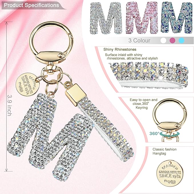 Pink Blue White Initial Letter Keychain Gift for Women Girls Bling Sparkly Cute Backpack Car Key Accessories Lanyard