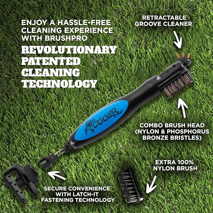 Frogger BrushPro Latch-It Golf Club Cleaner, Ergonomic Grip and Latch-it Magnet - Professional Golf Club Brush and Groove Cleaner for Golfers