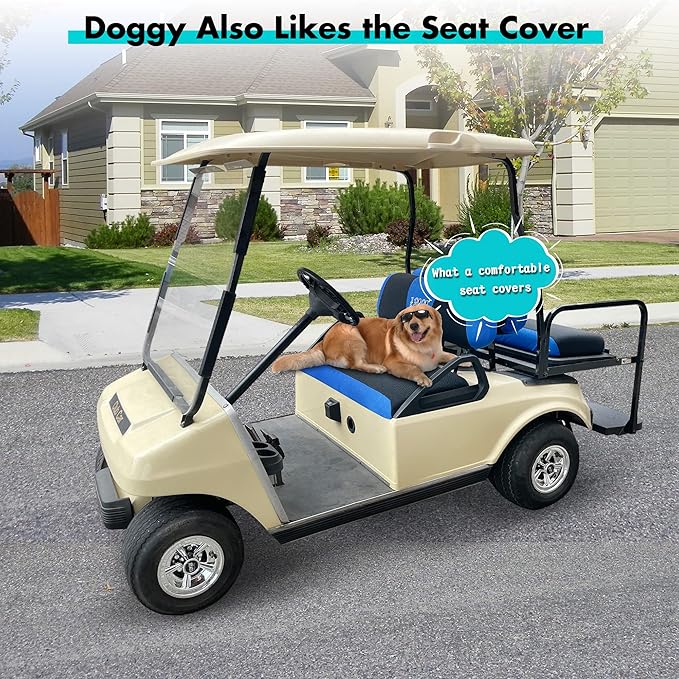10L0L Golf Cart Front + Rear Seat Cover Set for EZGO TXT RXV 4 Passenger Models Bench Seat Covers Kit Breathable Washable Polyester Mesh Cloth (S+XS) (Black/Blue)
