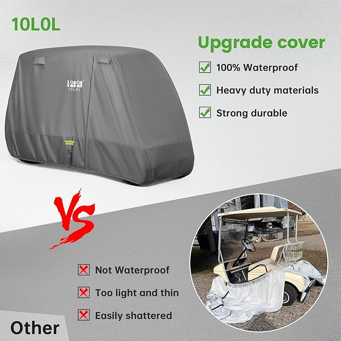 10L0L 2/4/4+2 Passenger Golf Cart Cover Upgrade Extended Roof, 600D Waterproof Snowproof Windproof Sunproof Durable Full Golf Cart Covers for Yamaha,EZGO,Club Car and Other