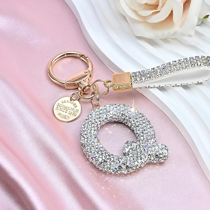 Pink Blue White Initial Letter Keychain Gift for Women Girls Bling Sparkly Cute Backpack Car Key Accessories Lanyard