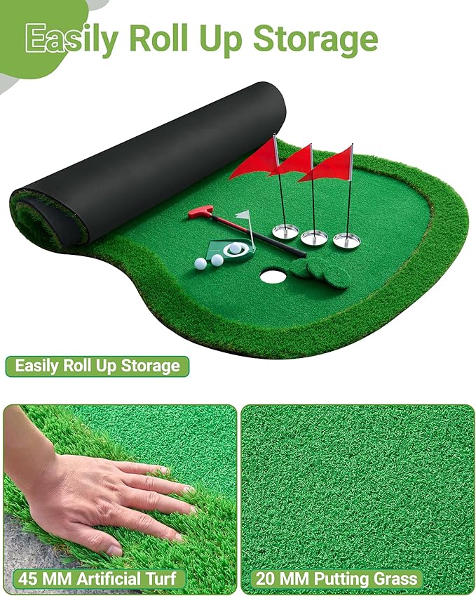 Golf Putting Green Mat-10x4.8Ft Professional Large Practice Putting Mat with 3 Flags 1 Movable Cup 1 Golf Club 3 Balls for Indoor and Outdoor Party GameTraining Mat